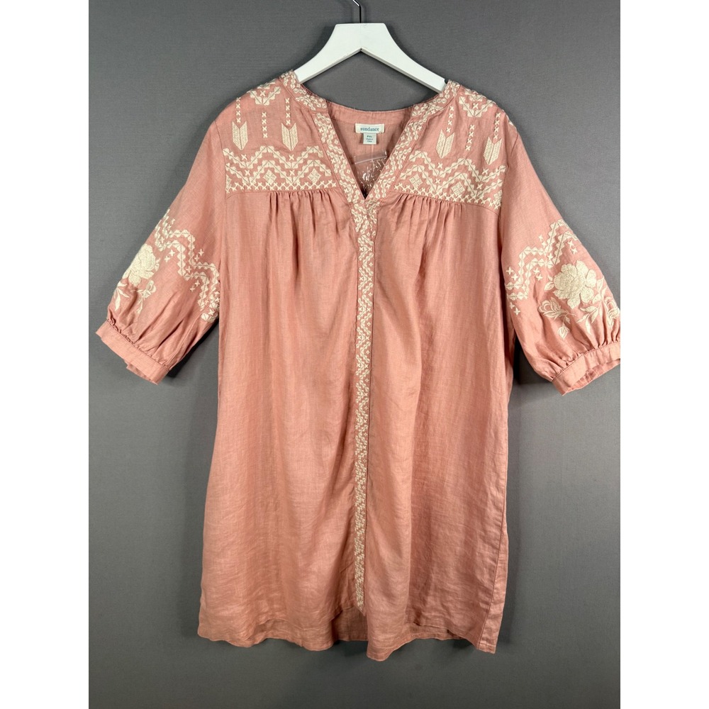 Sundance Linen Embroidered Tunic Dress Women PXL Pink Boho V-Neck Shift